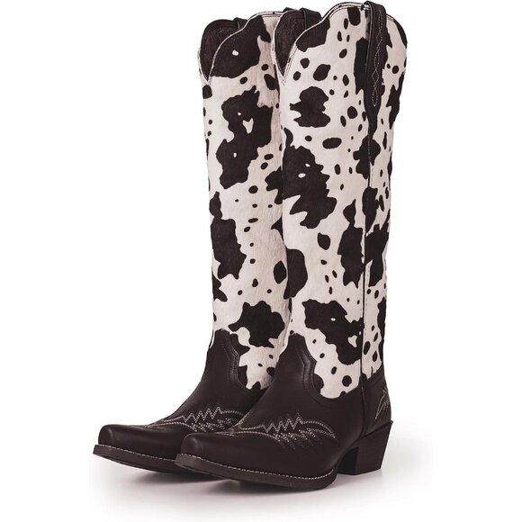 Women Black WhiteKnee High Calf Cowgirl Boots Zippered Casual Boot Retro Pointed